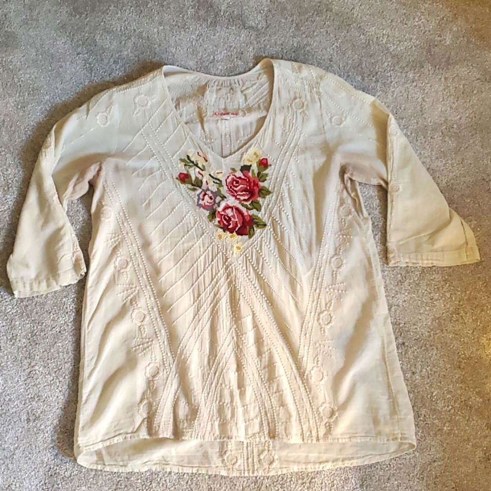 Johnny Was Cotton Embroidered Rose Cottagecore Blouse Tunic Floral